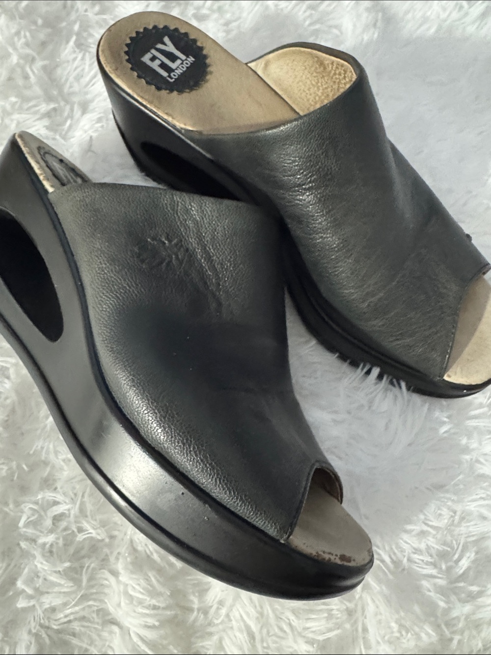 Fly London Black Leather Open-Peep Wedge Mules